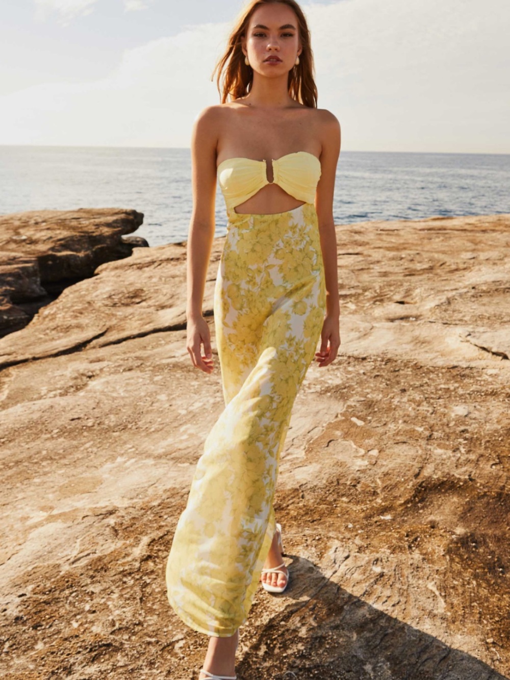 Peppermayo Yellow Strapless Cutout Maxi Dress